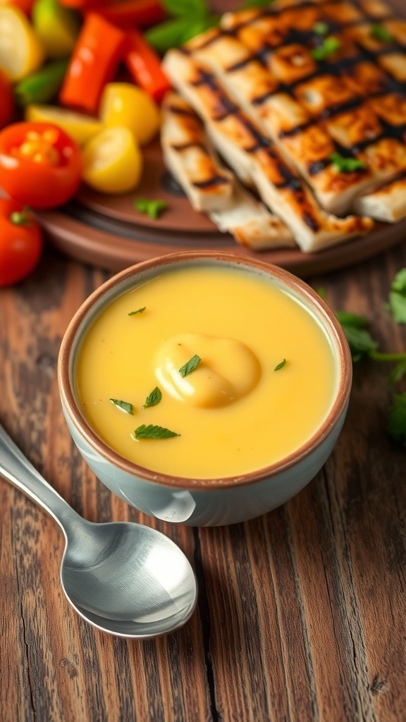 Creamy egg yolk sauce in a bowl, garnished with herbs, on a wooden table with vegetables and fish.